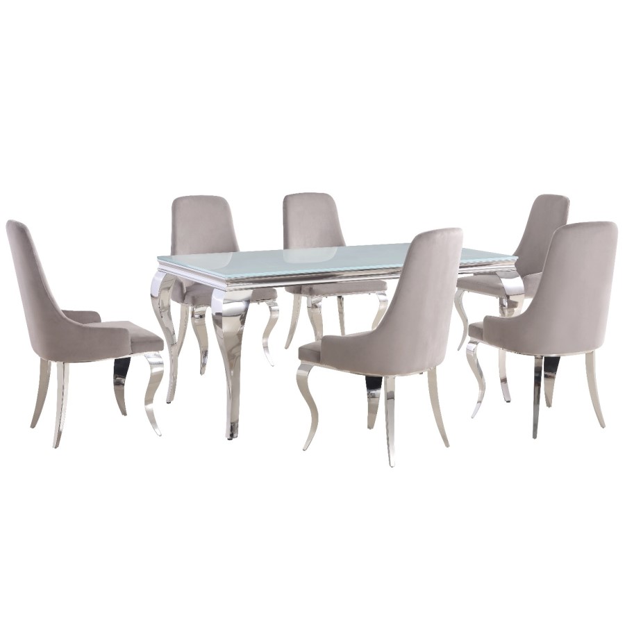 Mirrored 160cm Dining Table Set with White Glass Top & 6 Grey Velvet Chairs