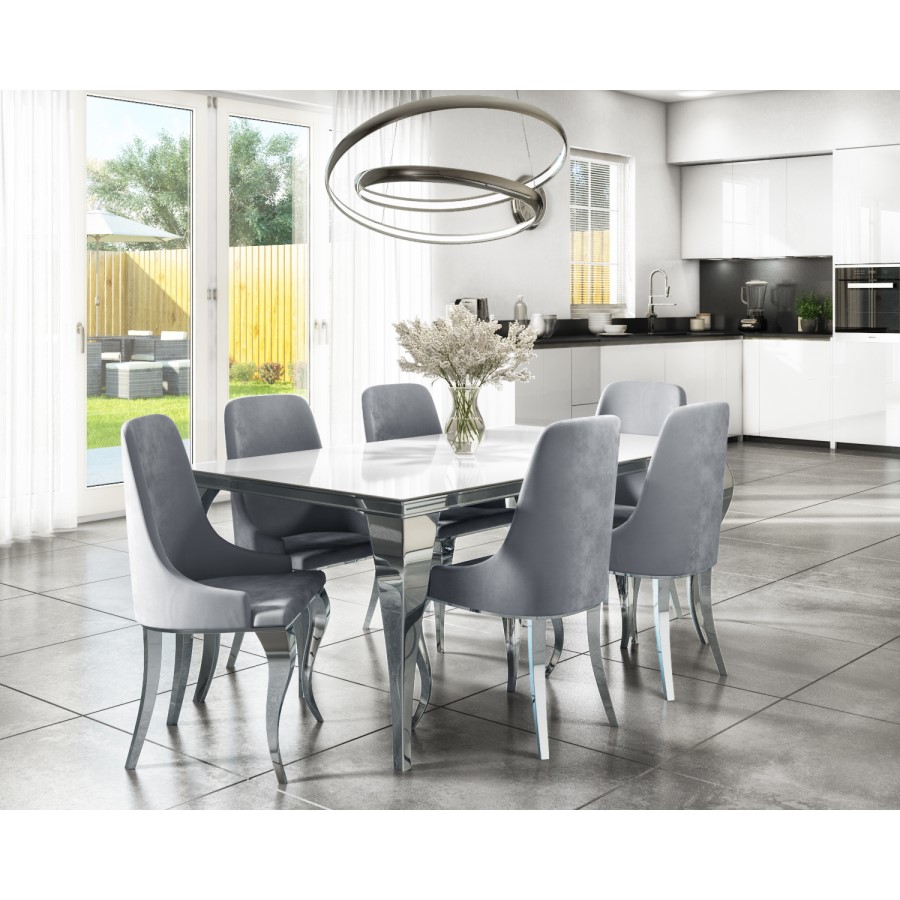 Mirrored 160cm Dining Table Set with White Glass Top & 6 Grey Velvet Chairs