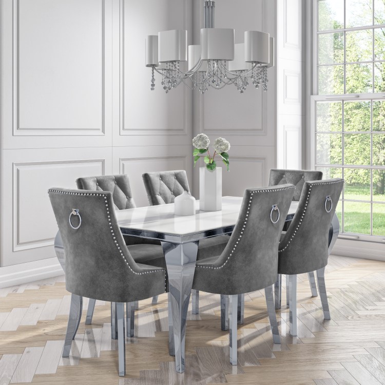 White Mirrored Dining Table with 6 Chairs in Grey Velvet - Louis