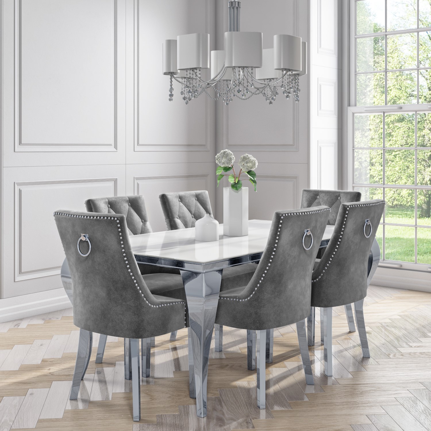 White Mirrored Dining Table With 6 Chairs In Grey Velvet Louis Furniture123