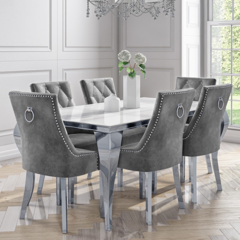 White Mirrored Dining Table with 6 Chairs in Grey Velvet - Louis