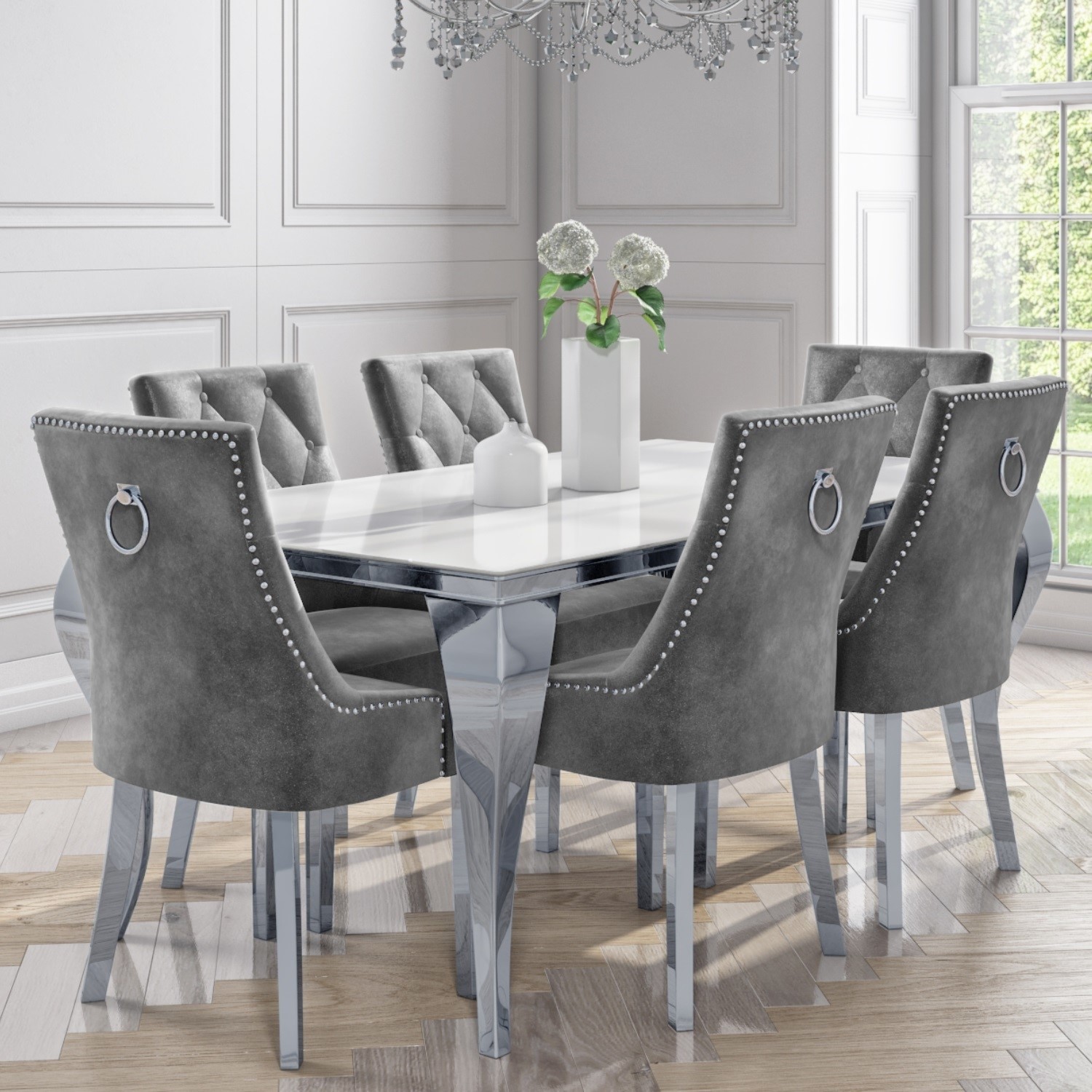 White And Mirrored Dining Table With 6, What Size Is A Table With 6 Chairs