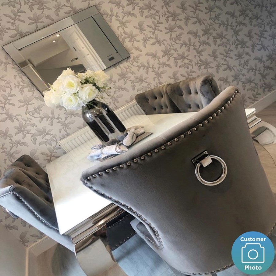 White and Mirrored Dining Table with 6 Grey Velvet Knocker Back Chairs - Jade Boutique