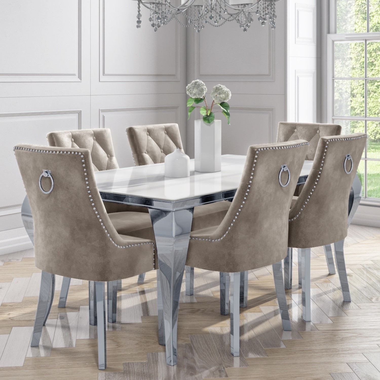 6 Seater Dining Set With White And Mirrored Table And Mink Velvet