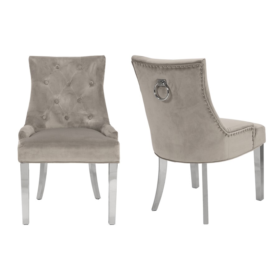 White and Mirrored Dining Table with 6 Mink Velvet Knocker Back Dining Chairs - Jade Boutique