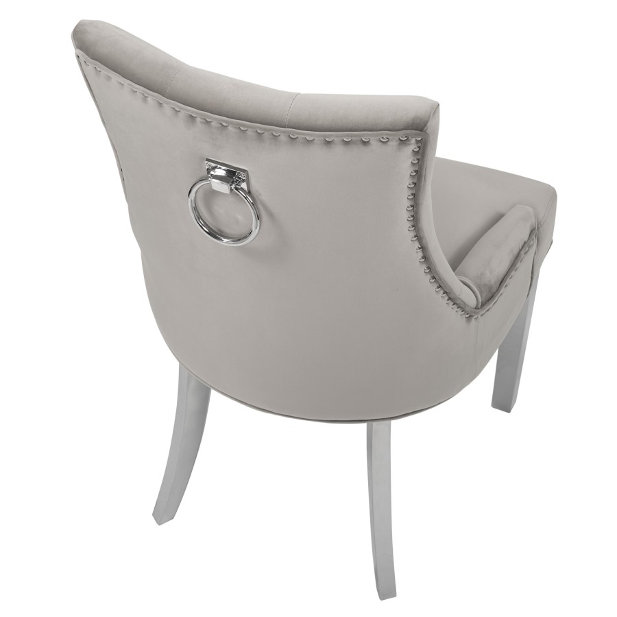 White and Mirrored Dining Table with 6 Mink Velvet Knocker Back Dining Chairs - Jade Boutique
