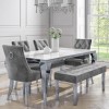 White and Mirrored Dining Table with 4 Grey Velvet Knocker Back Dining Chairs and Bench - Jade Boutique