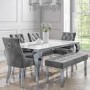 White and Mirrored Dining Table with 4 Grey Velvet Knocker Back Dining Chairs and Bench - Jade Boutique