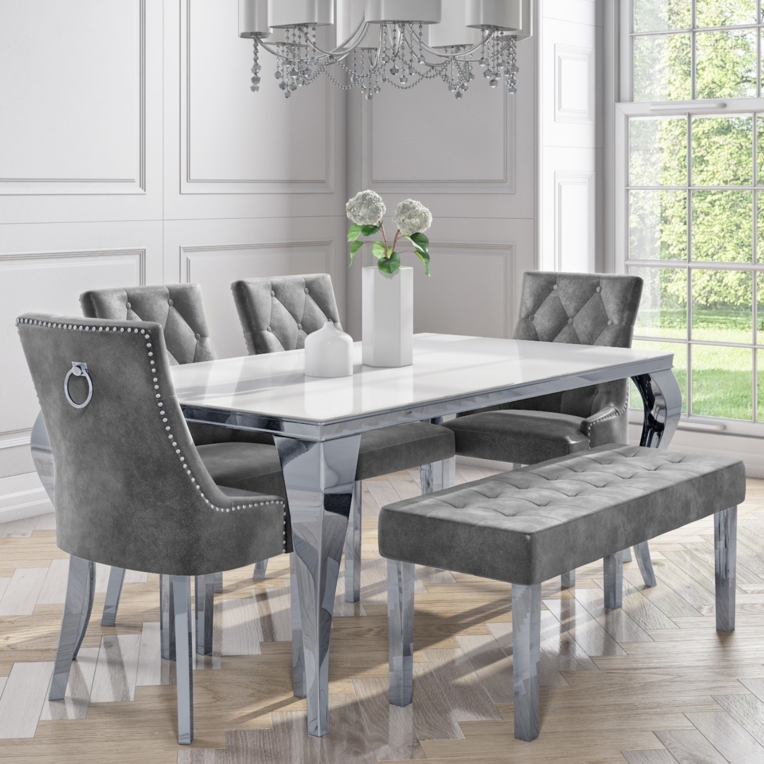 6 seater dining set with white table 4 grey velvet chairs and 1 bench   jade boutique