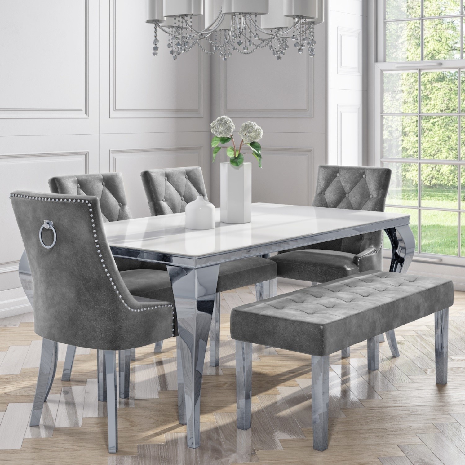 6 Seater Dining Set With White Table 4 Grey Velvet Chairs And 1 Bench Jade Boutique Furniture123 6 Seater Dining Set With White Table 4 Grey Velvet Chairs And 1 Bench Jade Boutique Furniture123