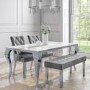 White Mirrored Dining Table with 2 Chairs in Grey Velvet & 1 Bench - Louis