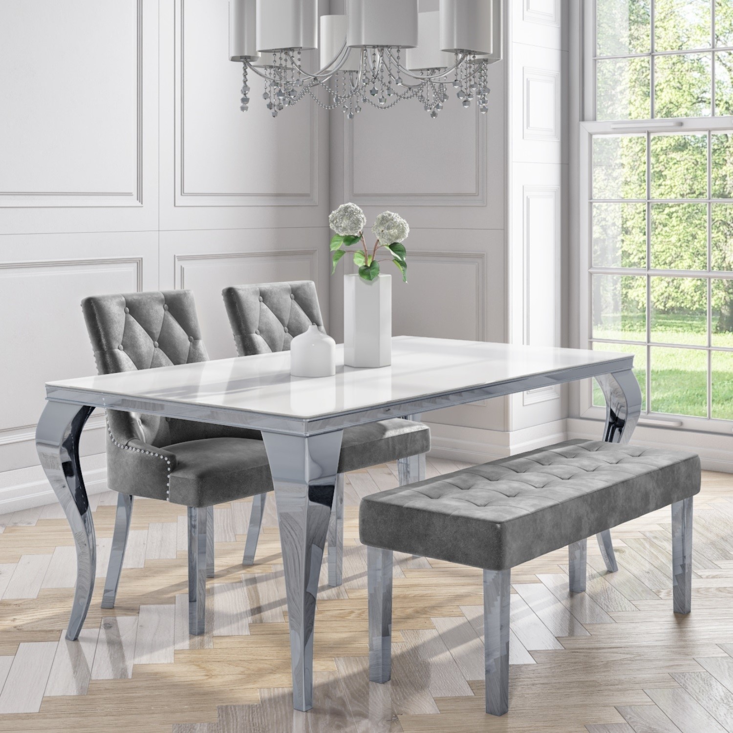 4 Seater Dining Set With White Table 2 Grey Velvet Chairs And 1 Bench Jade Boutique Furniture123