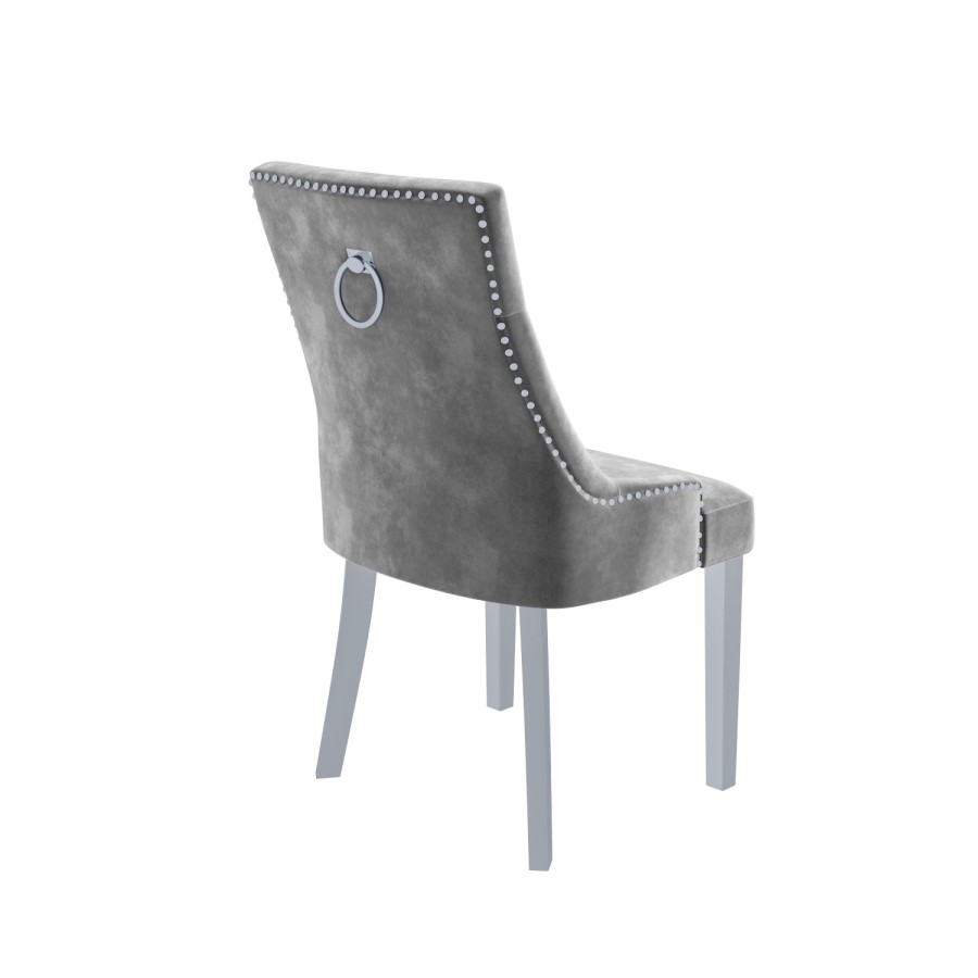 White Mirrored Dining Table with 2 Chairs in Grey Velvet & 1 Bench - Louis