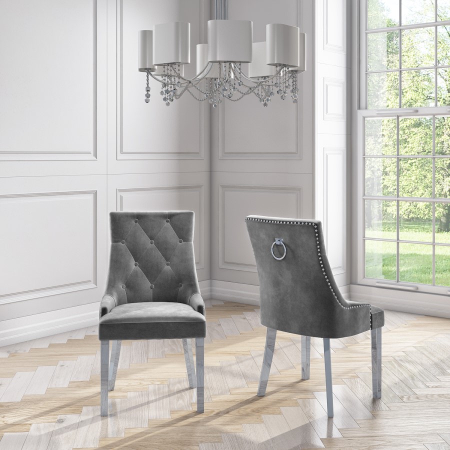 White and Mirrored Dining Table with 2 Grey Velvet Knocker Back Dining Chairs and Bench - Jade Boutique