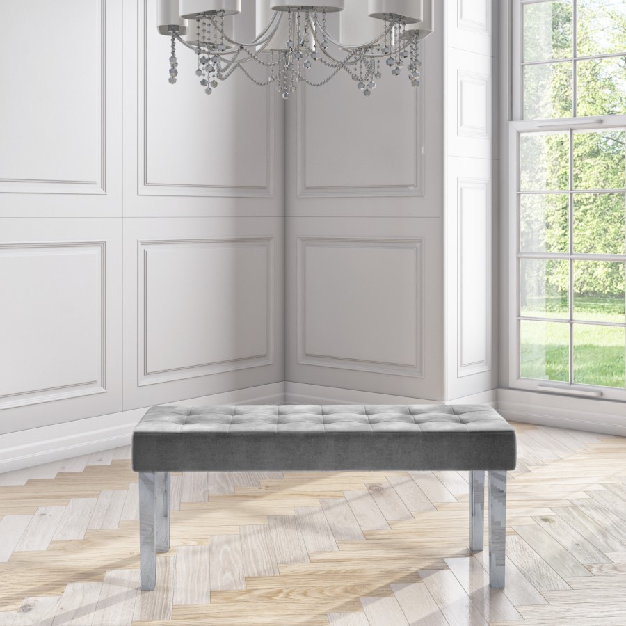 White and Mirrored Dining Table with 2 Grey Velvet Knocker Back Dining Chairs and Bench - Jade Boutique