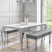 White and Mirrored Dining Table with 2 Grey Velvet Dining Benches - Jade Boutique