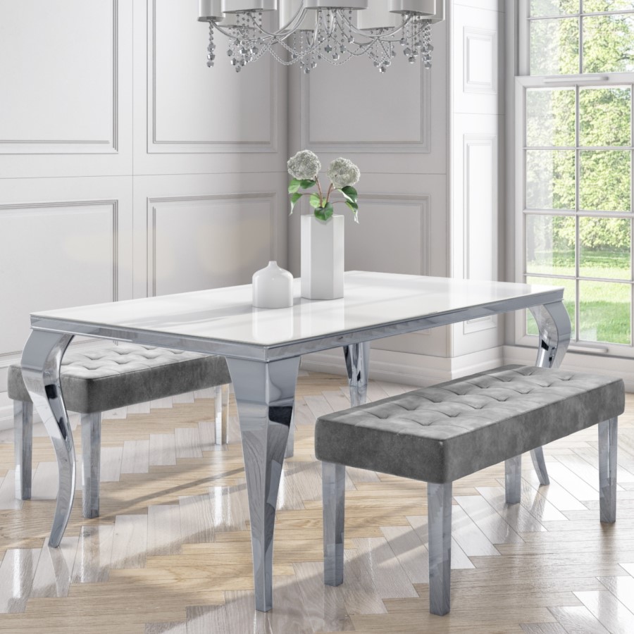 White and Mirrored Dining Table with 2 Grey Velvet Dining Benches - Jade Boutique