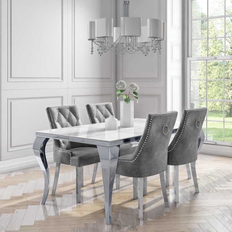 White and Mirrored Dining Table with 4 Grey Velvet Knocker Back Dining Chairs - Jade Boutique