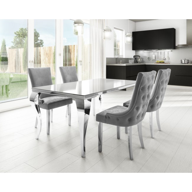 Jade Boutique Mirrored Dining Table with 4 Silver Grey Velvet Dining Chairs