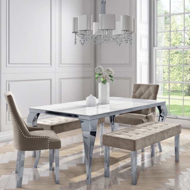 Mirrored Dining Table with 2 Mink Velvet Knocker Back Dining Chairs and Benches Jade Boutique