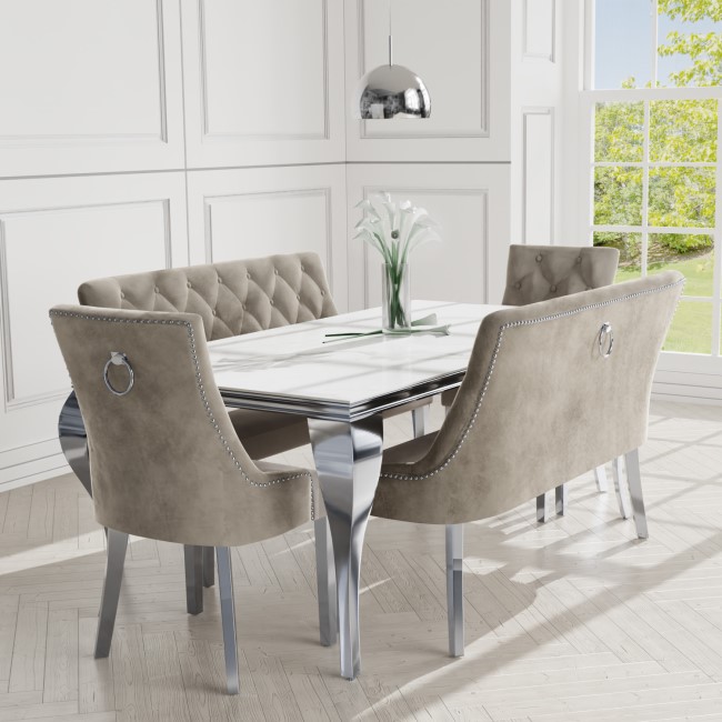 White Mirrored Dining Table with 2 Mink Velvet Dining Chairs & 2 Matching Dining Benches with Backs - Jade Boutique