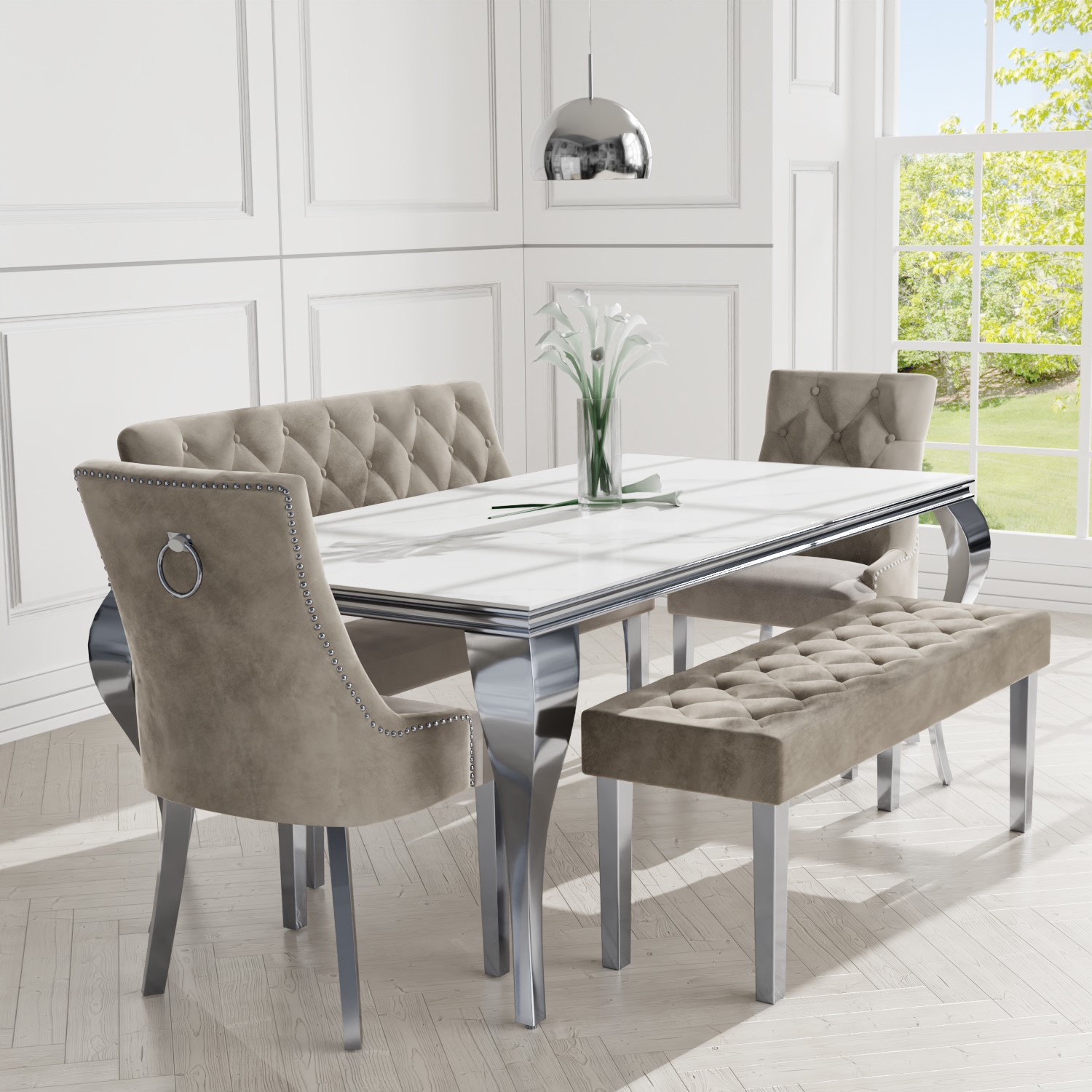 White Mirrored Dining Table with 2 Mink Velvet Dining Chairs & 2