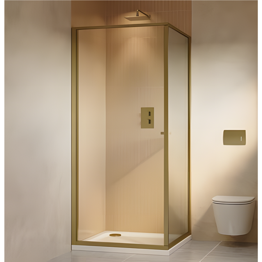 800x800mm Brushed Brass In-Fold Sliding Shower Enclosure 6mm Glass and Shower Tray - Apollo