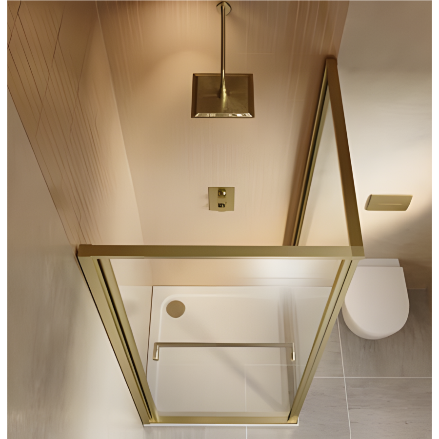 800x800mm Brushed Brass In-Fold Sliding Shower Enclosure 6mm Glass and Shower Tray - Apollo