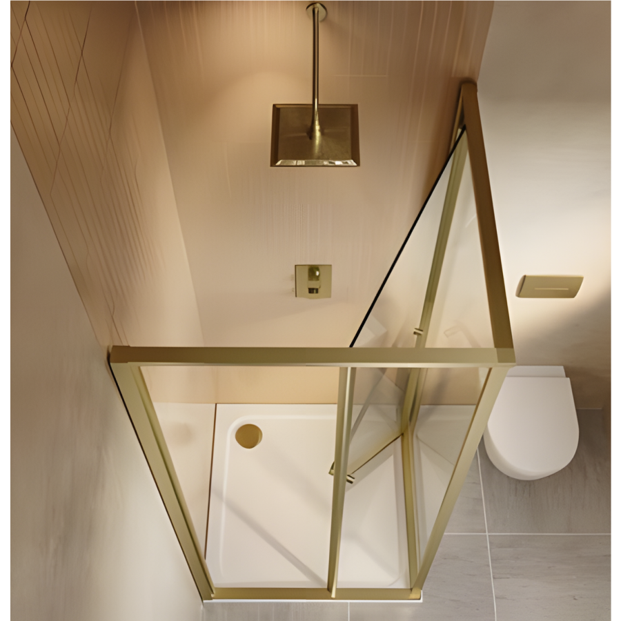 800x800mm Brushed Brass In-Fold Sliding Shower Enclosure 6mm Glass and Shower Tray - Apollo