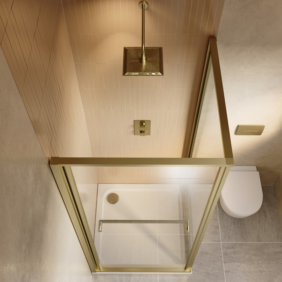 900x900mm Brushed Brass In-Fold Sliding Shower Enclosure 6mm Glass and Shower Tray - Apollo