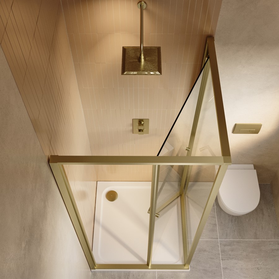 900x900mm Brushed Brass In-Fold Sliding Shower Enclosure 6mm Glass and Shower Tray - Apollo