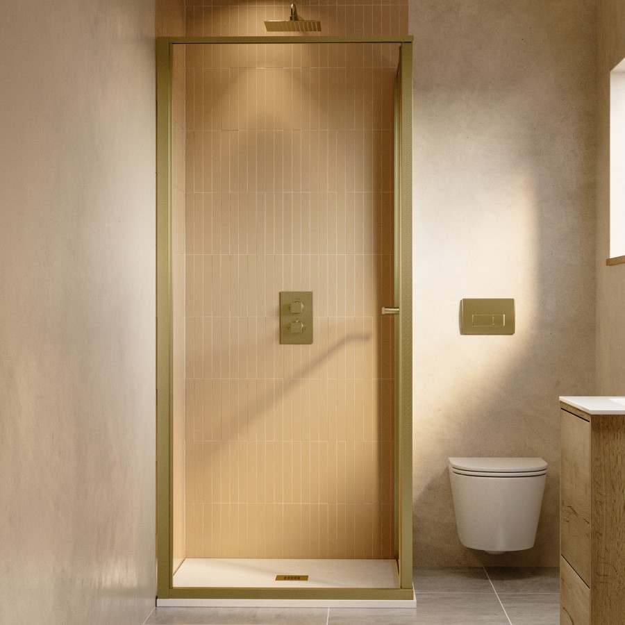 900x900mm Brushed Brass Square Sliding In-fold Shower Enclosure 6mm Glass and Low Profile Shower Tray - Apollo