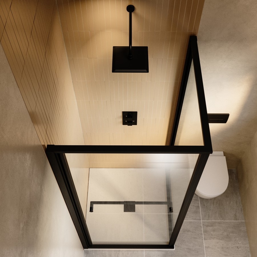 800x800mm Black In-Fold Sliding Shower Enclosure 6mm Glass and Low Profile Shower Tray - Apollo