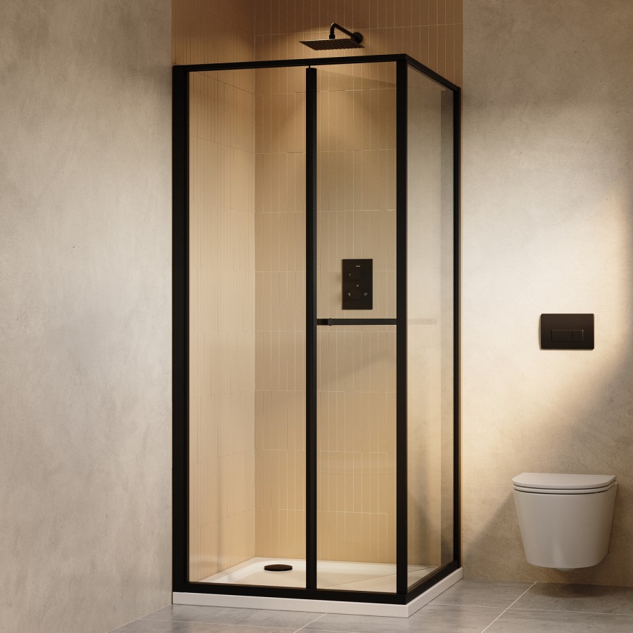 900x900mm Black In-Fold Sliding Shower Enclosure 6mm Glass and Shower Tray - Apollo