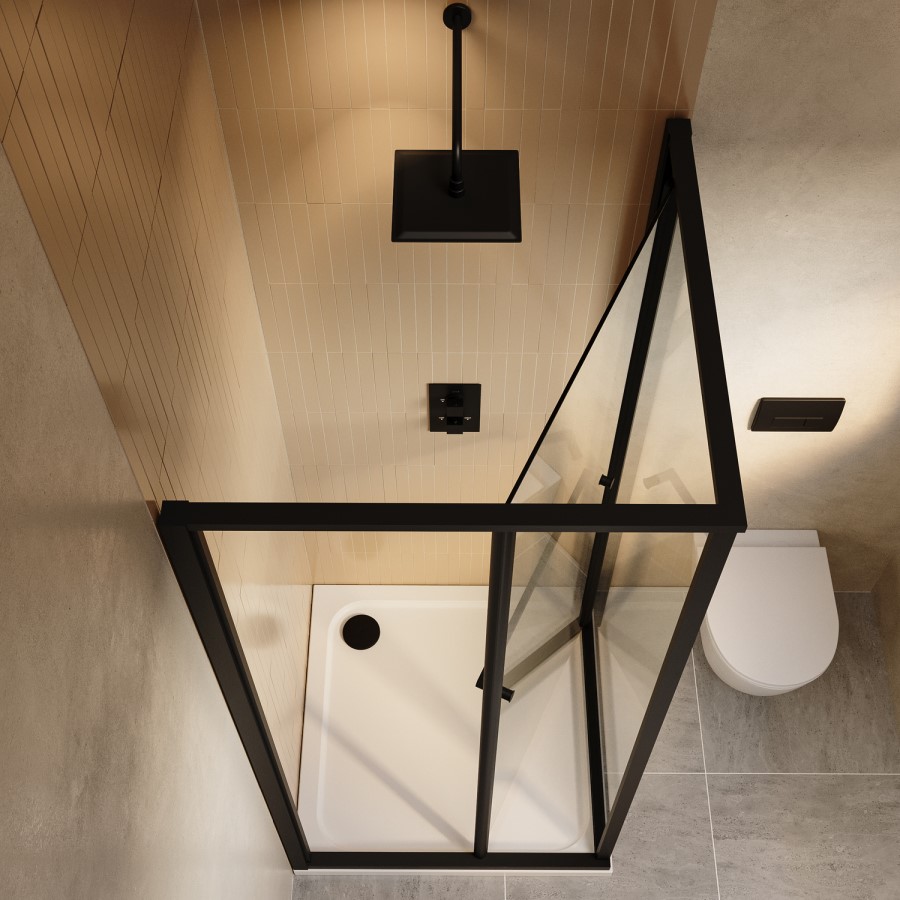 900x900mm Black In-Fold Sliding Shower Enclosure 6mm Glass and Shower Tray - Apollo