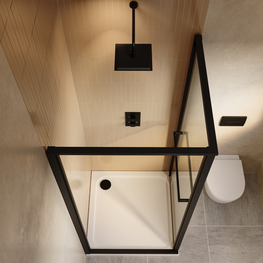 900x900mm Black In-Fold Sliding Shower Enclosure 6mm Glass and Shower Tray - Apollo