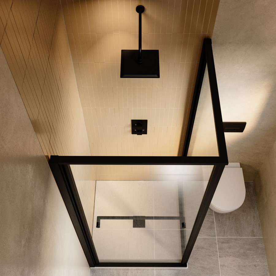 900x900mm Black In-Fold Sliding Shower Enclosure 6mm Glass and Low Profile Shower Tray  - Apollo