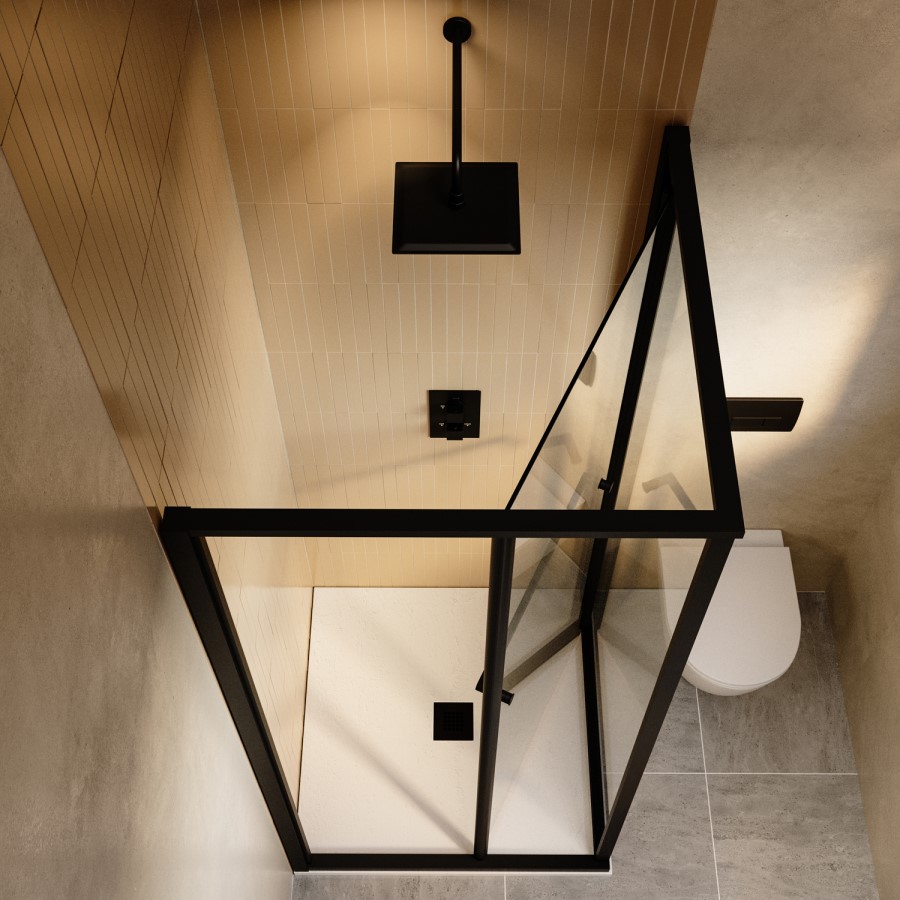 900x900mm Black In-Fold Sliding Shower Enclosure 6mm Glass and Low Profile Shower Tray  - Apollo