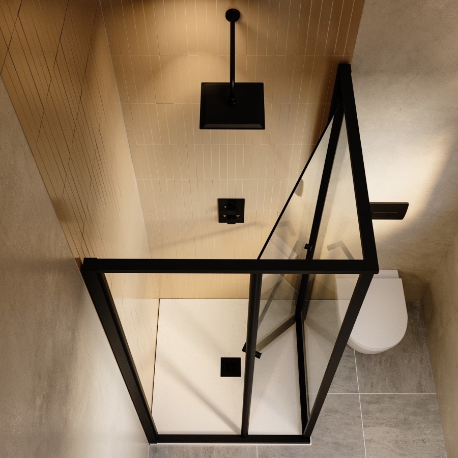 900x900mm Black In-Fold Sliding Shower Enclosure 6mm Glass and Low Profile Shower Tray  - Apollo