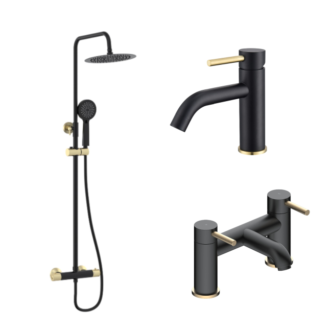 2 Tone Black and Brushed Brass Tap Pack with Basin Mixer Bath Mixer & Shower Arissa