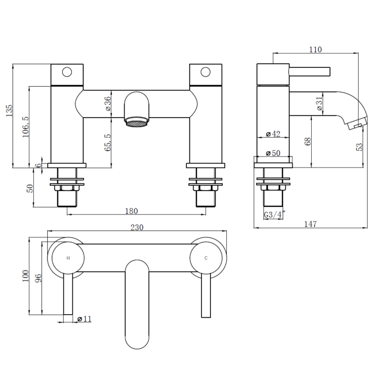 Black & Brass Bath Mixer - Arissa