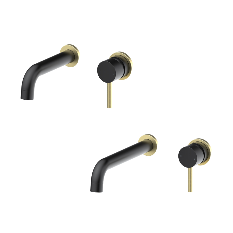 Grade A1 - 2 Tone Black and Brushed Brass Wall Mounted Basin and Bath Tap Pack - Arissa