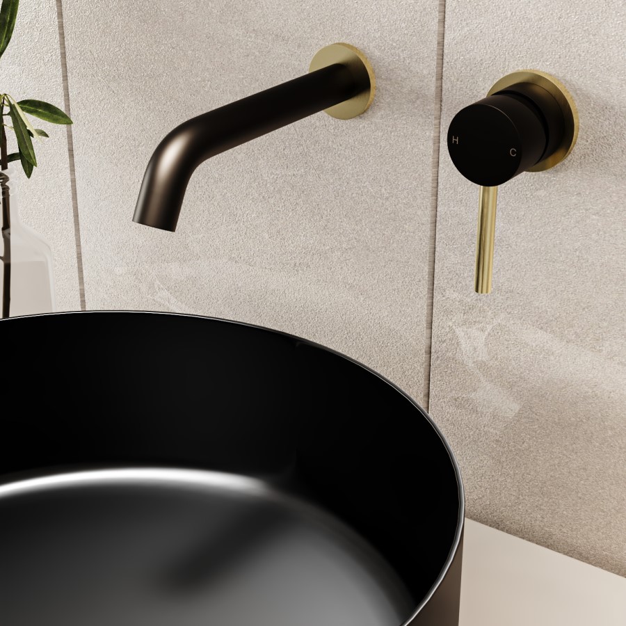 Grade A1 - 2 Tone Black and Brushed Brass Wall Mounted Basin and Bath Tap Pack - Arissa