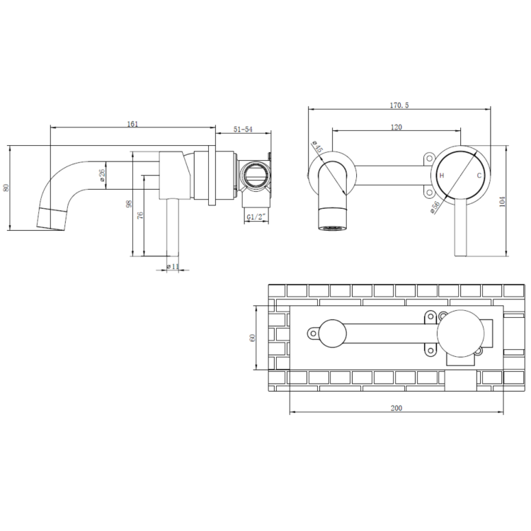 Black & Brass Wall Mounted Basin Mixer Tap - Arissa