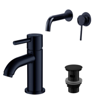Shiny Black Basin Mixer Tap with Wall Mounted Bath Tap & Slotted Waste - Arissa