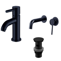 Shiny Black Cloakroom Basin Mixer with Wall Mounted Bath Tap & Slotted Waste - Arissa
