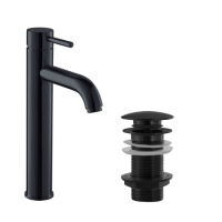 Shiny Black Tall Basin Mixer Tap & Unslotted Basin Waste - Arissa