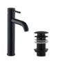 Shiny Black Tall Basin Mixer Tap & Unslotted Basin Waste - Arissa