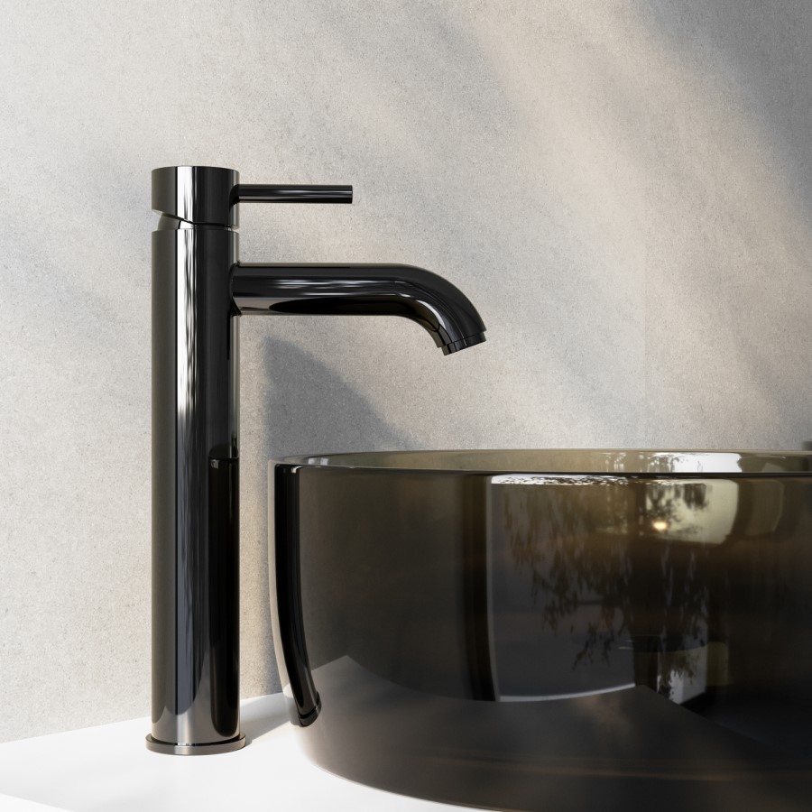 Shiny Black Tall Basin Mixer Tap with Wall Mounted Bath Tap & Unslotted Waste - Arissa