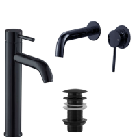 Shiny Black Tall Basin Mixer Tap with Wall Mounted Bath Tap & Unslotted Waste - Arissa